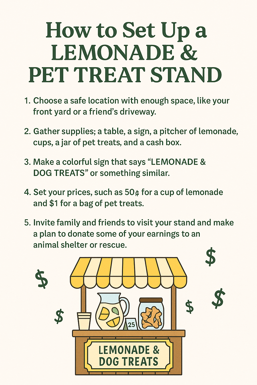 Printable pet activity kit for kids featuring  How to set up a Lemonade Stand & Pet Treat Stand