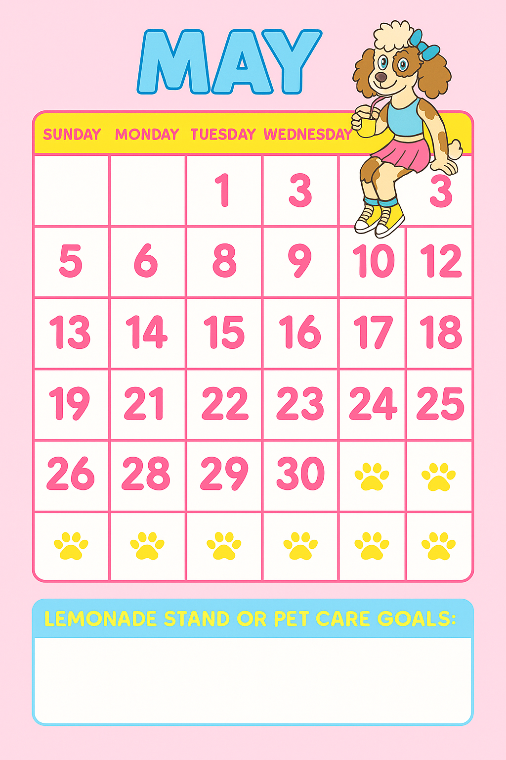 Fancy Pants Poodle MAY Calendar & Goals for Lemonade Stand & Pet Care