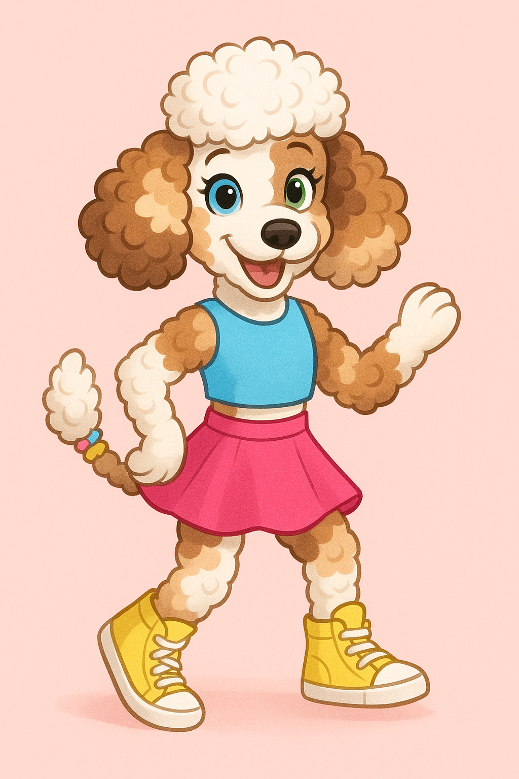 Fancy Pants Poodle with curly patchy fur, wearing pink skort and yellow sneakers

